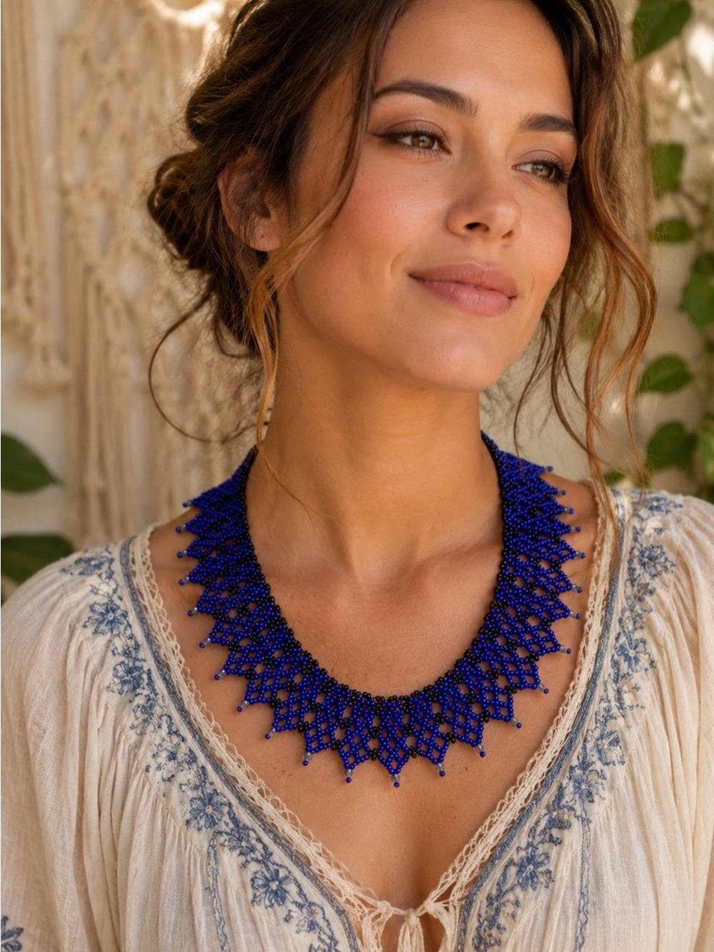 Blue seed bead collar necklace